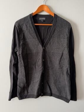 Banana Republic Mens L Cardigan Sweater Black Gray Houndstooth Button Front